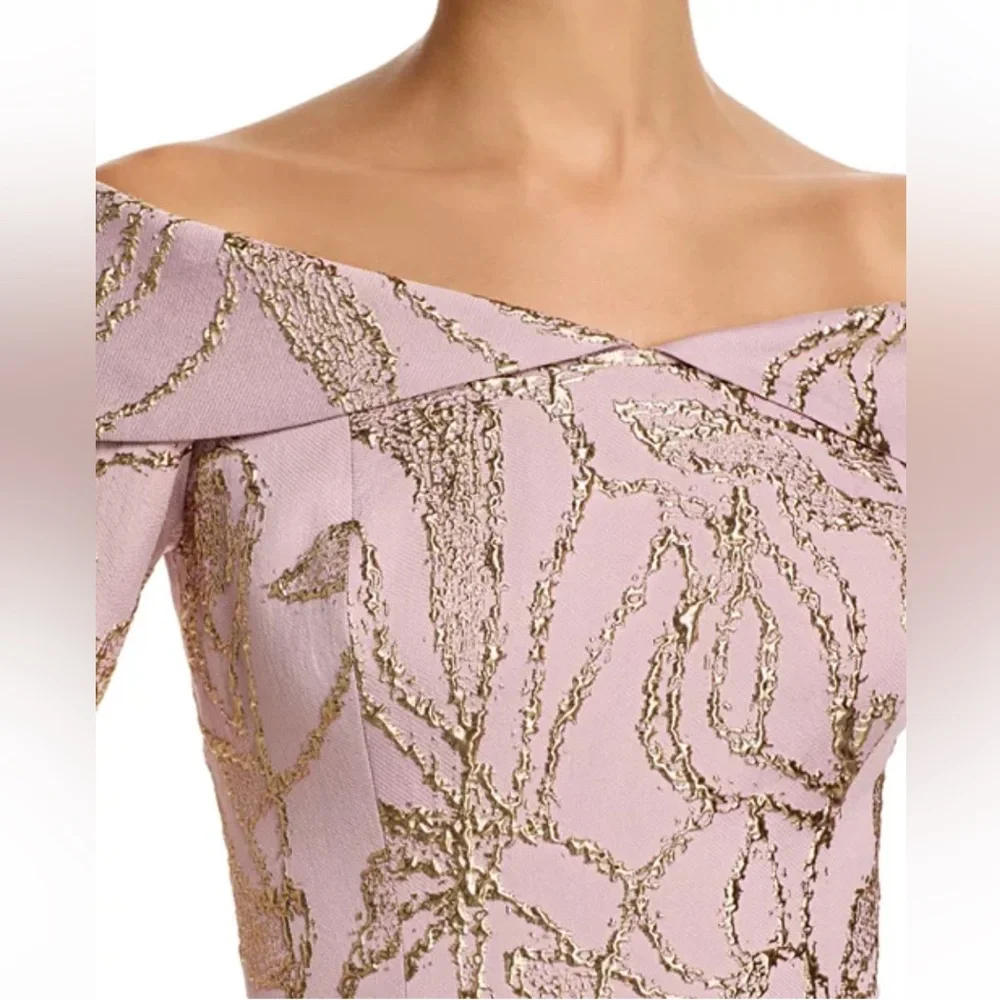 Teri Jon By Rickie Freeman Jacquard Folded Off-The-Shoulder Elbow Sleeve Gown 8 - Picture 2 of 10